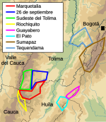 La République de Marquetalia (en rouge) et les autres « Républiques indépendantes » au début des années 1960, d'après Jean Lartéguy.