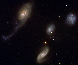 로버트의 4중주. 구성원인 NGC 87 (오른쪽 위), NGC 88 (가운데), NGC 89 (아래), NGC 92 (왼쪽 위)