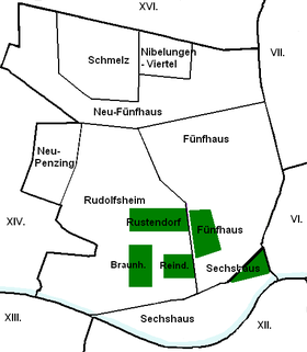 Beziaksteule vo Rudoifsham-Fümfhaus und de ehemolign Deafa (grean)