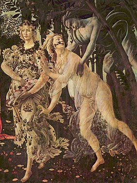 Sandro Botticelli: Primavera (udsnit: t.v. Flora , midtfor Chloris, t.h. Zefyr) o. 1482-87 Uffizi, Firenze