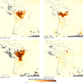 Aerosols mbi Amazon çdo Shtator për katër stinë të djegur (2005 deri në 2008). Shkalla e aerosolit (e verdhë në të kuqërremtë të kuqërremtë) tregon sasinë relative të grimcave që thithin dritën e diellit.