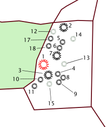 Mound 1 (in red) within the burial ground (burial mounds are coloured grey) Sutton Hoo map.svg