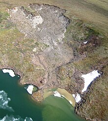 Image showing melted permafrost resulting in thermokarst, a source of methane released from permafrost. Thermokarst failure of permafrost.jpg