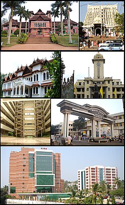 Frae top clockwise: Napier Museum, Padmanabhaswamy Temple, University of Kerala, Government Medical College, Kerala Institute of Medical Sciences, Bhavani biggin in Technopark an The Oriental Research Institute & Manuscripts Library