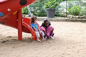 Two children at a playground talking and demonstrating a positive attitude. Two girls talking.jpg