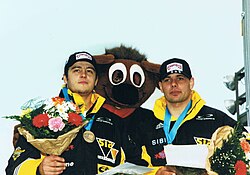 Urs Aeberhard mit Christian Reich an der WM in Altenberg 2002