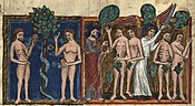 Bokillustrasjon fra 1350 – 1375 som viser hvordan de første menneskene Adam og Eva i Edens hage ifølge Bibelen blir fristet av slangen til å spise av frukten på Kunnskapens tre. Gud jager dem ut av paradiset etter syndefallet og de begge skammer seg over sin tidligere nakenhet og dekker seg til.