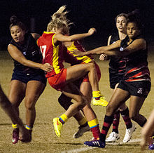 Action from a women's match on the Gold Coast between Bond University and Burleigh Heads Women's AFL match.jpg