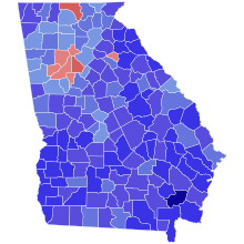 A map of Georgia counties, almost all of which are medium to dark blue with a small handful of red counties in the north