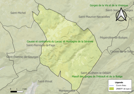 Carte de la ZNIEFF de type 2 sur la commune.