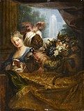 Молодой чёрный мальчик держит корзину с фруктами, а девочка гладит собаку (Послы Марокко в Итальянской комедии). Между 1684 и 1722. Холст, масло. Лувр, Париж