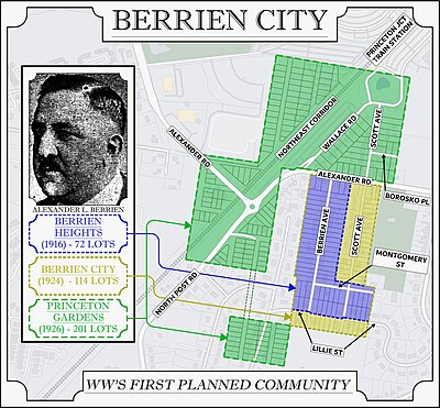 Map of the original planned lots of Berrien Heights, Berrien City, and Princeton Gardens. Including a photo of Alexander L. Berrien.