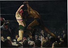 George Bellows, Both Members of This Club, 1909, oil on canvas, 45
.mw-parser-output .frac{white-space:nowrap}.mw-parser-output .frac .num,.mw-parser-output .frac .den{font-size:80%;line-height:0;vertical-align:super}.mw-parser-output .frac .den{vertical-align:sub}.mw-parser-output .sr-only{border:0;clip:rect(0,0,0,0);height:1px;margin:-1px;overflow:hidden;padding:0;position:absolute;width:1px}
1/4 x 63
1/8 in. (115 x 160.5 cm), National Gallery of Art Both Members of This Club George Bellows.jpeg