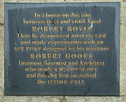 Plaque at the site of Boyle and Hooke's experiments in Oxford.  See also The Boyle-Hooke plaque.