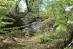 Wand der in den Felsen gehauenen Zisterne der Burgruine Schönenberg