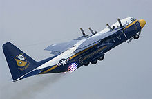 USMC C-130T Fat Albert performing a rocket-assisted takeoff (RATO) C-130T Hercules Blue Angels.jpg