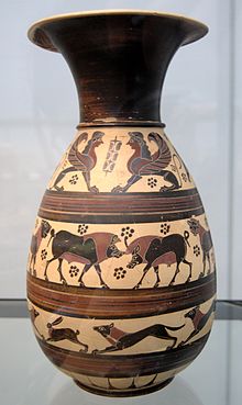 Corinthian orientalising jug, c. 620 BC, Antikensammlungen Munich Corinthian jug 620 BC Staatliche Antikensammlungen.jpg