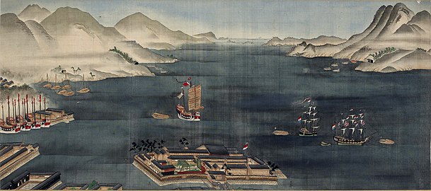 Wyspa Dejima (na pierwszym planie) w zatoce Nagasaki, między 1800 a 1825