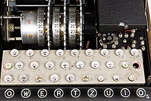 Photographie de lampes d'une machine Enigma, entre le clavier et les rotors.