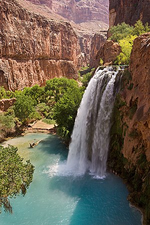 Havasu Falls near Supai, Arizona. The water is...