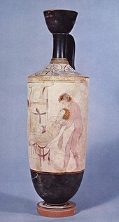 Hypnos and Thanatos carrying the body of Sarpedon from the battlefield of Troy; detail from an Attic white-ground lekythos, c. 440 BC. Hypnos Thanatos BM Vase D56 full.jpg