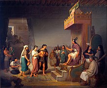 Iztaccaltzin on the throne being presented pulque, Papantzin in front of him, next to him is Xochitl. El descubrimiento del pulque (Obregon, 1869) Jose Maria Obregon - The Discovery of Pulque - Google Art Project.jpg