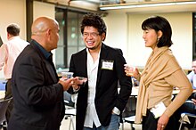 Steve Chen (middle), co-founder of YouTube. Kamran Elahian, Steve Chen, and Jamie Chen.jpg