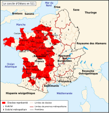 Carte de France représentant en rouge les diocèses représentés au concile d'Orléans (511)