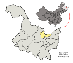 Расположение города Хэган (желтый) в провинции Хэйлунцзян (светло-серый)