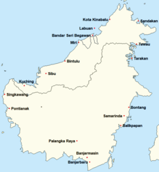 A map of major cities and towns in Borneo, with modern borders. The line dividing the island west-to-east was the border between British Borneo (above it) and Dutch Borneo (below). The Japanese first landed at Miri (center north) and moved west to Kuching Major cities in towns of borneo.png