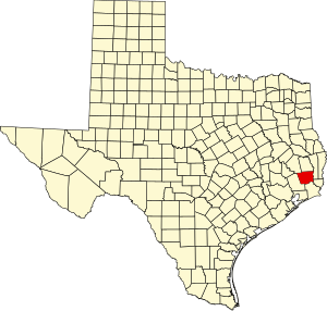 Map of Texas highlighting Hardin County