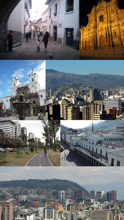 Medurs ovanifrån: Calle La Ronda, Iglesia de la Compañía de Jesús, El Panecillo sedd från norra Quito, Palacio de Carondelet, Quitos norra centrum, Parque La Carolina och Iglesia y Monasterio de San Francisco.