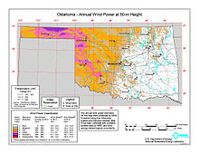 Oklahoma wind resources are concentrated in the pan handle Oklahoma wind resource map 50m 800.jpg