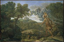 Cedalion on Orion's shoulders in a 1658 painting by Nicolas Poussin Orion aveugle cherchant le soleil.jpg
