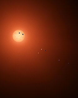 A TRAPPIST-1 és a hét Földszerű exobolygója (fantáziarajz)