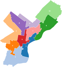 Districts map of the council from the 2015 election until terms end in 2024
(Interactive version) Philadelphia City Council districts map (2016-2024).svg