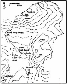 Plan des fortifications de Calydon d'après la carte publiée par Fr. Poulsen et K. Rhomaios, dans Erster Vorlaüfiger Bericht über die Dänisch-Griechischen Ausgrabungen von Kalydon, Taf. I. (1928).