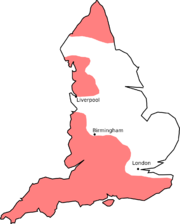 On this map of England, the red areas are where the rural accents were rhotic as of the 1950s. Based on H. Orton et al., Survey of English dialects (1962–71).  Note that some areas with partial rhoticity (for example parts of the East Riding of Yorkshire) are not shaded on this map.