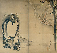 Soga Shohaku, Japanese (1730–1781), Shoki Ensnaring a Demon in a Spider Web, 18th century, Japan, Edo period, Two-fold screen; ink on paper, Kimbell Art Museum.jpg