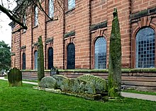 The Giant's Grave, a collection of apparent tenth-century monuments at Penrith. The stones display significant Scandinavian influences, and are traditionally associated with a legendary king, variably known as Owain Caesarius. It is possible that this figure refers to Owain, or any of the tenth and eleventh-century Cumbrian kings who bore the same name. The Giant's Grave, Penrith, Cumbria (geograph 4876739).jpg