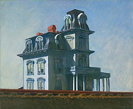 An oil painting of a blue four-story house.