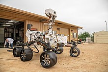The full-scale twin engineering model of Perseverance, OPTIMISM rover used at the JPL Mars Yard for testing procedures and solving problems The full-scale engineering model of NASA's Perseverance rover, OPTIMISM Rover.jpg