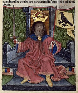 King Attila, his flag depicts the Turul bird (Chronica Hungarorum, 1488)