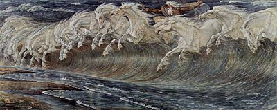 Dessin représentant un vieil homme barbu et majestueux dans un char flottant sur la mer, tiré par des chevaux formant l'écume des vagues.