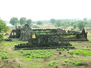 Vat Phou, a ruined Khmer temple complex in southern Laos. It was originally used for worship of the Hindu god Shiva, but was converted for use as a Buddhist temple. Wat Phou South side.jpg