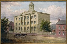 The university in 1833 at its location on 3rd Avenue in downtown Pittsburgh Western University of Pennsylvania, 1833.jpg