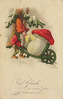 Amanita muscaria, the most easily recognised "toadstool", is frequently depicted in fairy stories and on greeting cards. It is often associated with gnomes. Zwerg Postkarte 001.jpg