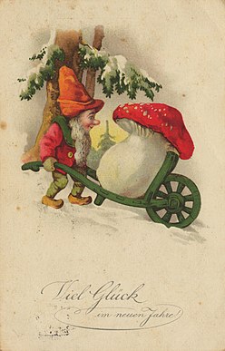 A gnome carries the fly agaric on a Christmas card (ca 1900)