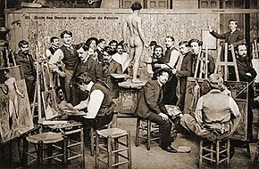 Male art students painting "from life" at the Ecole des Beaux-Arts
(School of Fine Arts) in Paris. Photographed late 1800s. Ecole des beaux-arts (from the live).jpg