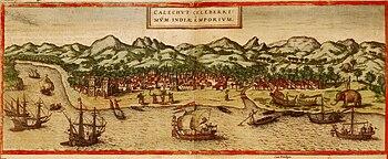 A depiction of Calicut, India published in 1572 during Portugal's control of the pepper trade